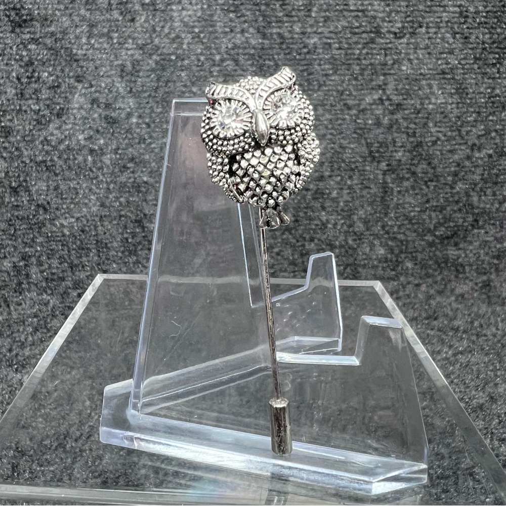 Silver Owl Lapel Stick Pin Brooch Rhinestone Eyes Bird Animal Stickpin